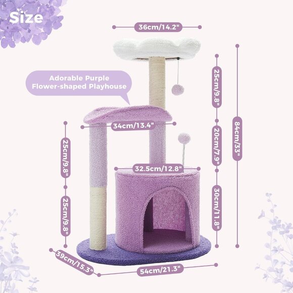 New 32-Inch Purple Flower Cat Tree Tower with Scratching Post - Condo for Cats - Picture 6 of 10